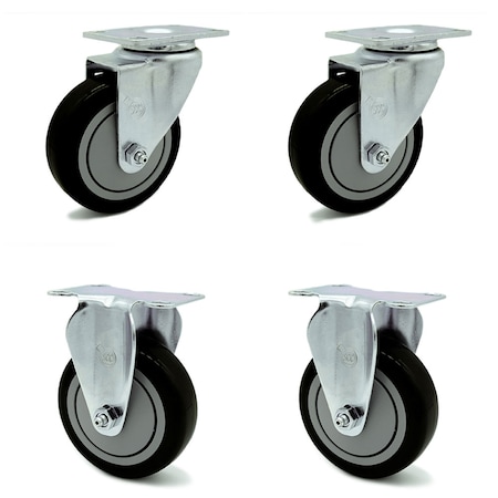 Service Caster 4 Inch Black Polyurethane Wheel Swivel Top Plate Caster Set with 2 Rigid SCC SCC-20S414-PPUB-BLK-2-R414-2